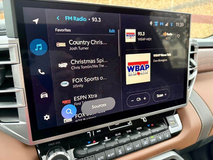 Close-up of the 14-inch touchscreen infotainment system in the 2025 Toyota Sequoia, displaying navigation and media options.