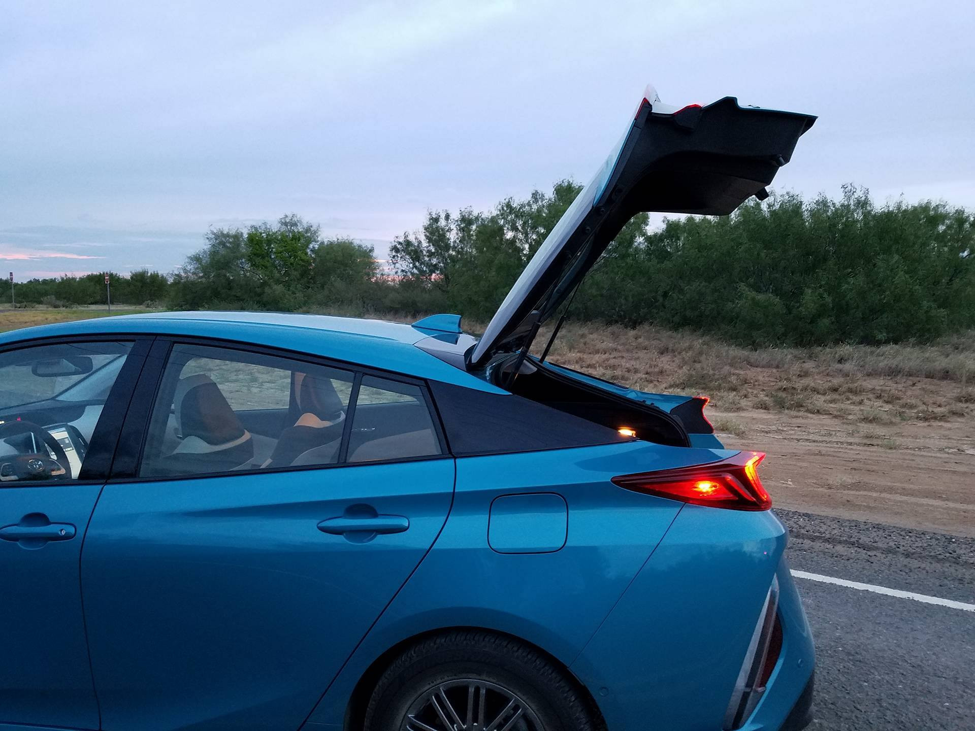 Rear view of the 2017 Toyota Prius Prime highlighting the carbon fiber hatchback