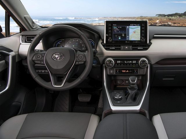 Interior of a White Toyota RAV4 highlighting spacious cabin and modern tech features