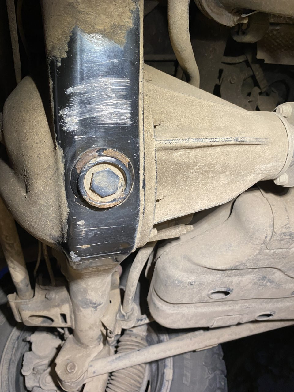 Detail of Toyota 4Runner frame weld point with rust prevention coating applied