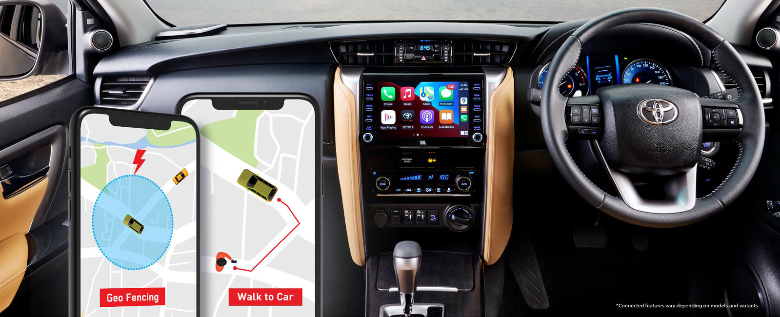 alt text: Toyota Fortuner's infotainment system with connected car features.