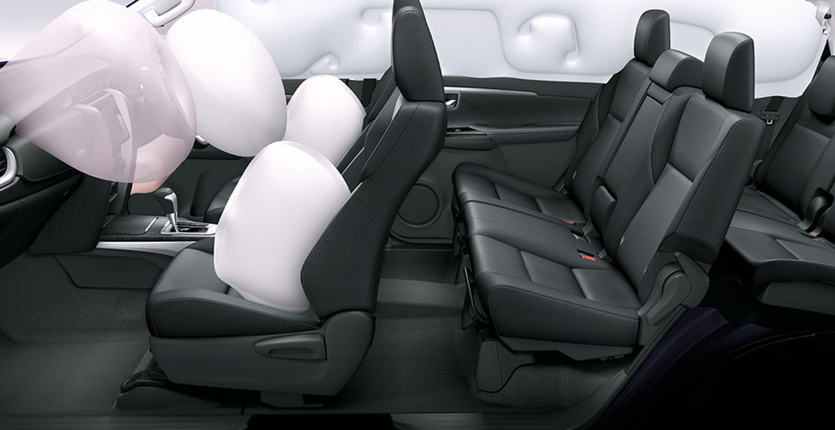 alt text: Illustration highlighting the 7 SRS airbags in the Toyota Fortuner for enhanced safety.