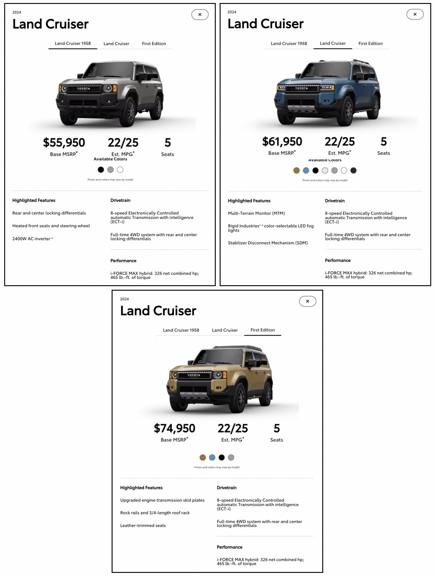 The three 2024 Land Cruiser trims: 1958, Land Cruiser, and First Edition.