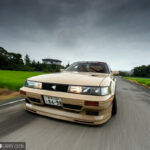Front view of the beige Toyota Soarer Z20 with Volk Racing wheels