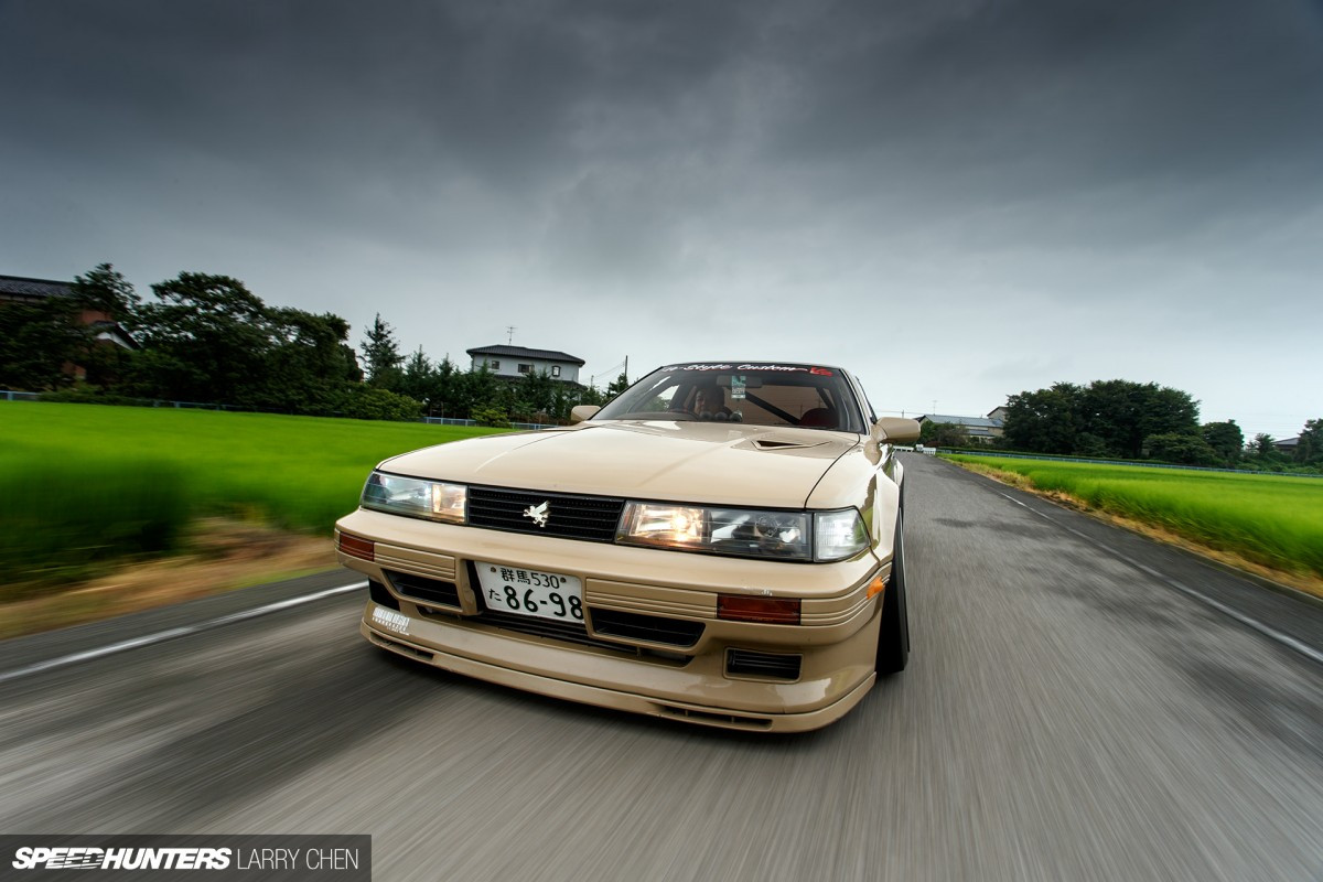 Front view of the beige Toyota Soarer Z20 with Volk Racing wheels