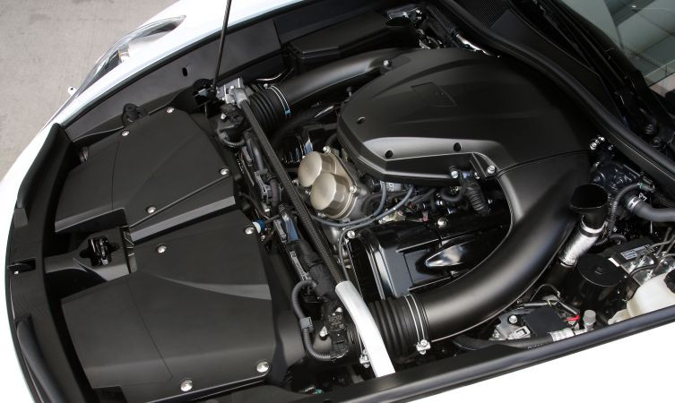 Close-up of the Lexus LFA's 1LR-GUE V10 engine bay, showcasing the engineering marvel within this Toyota supercar.