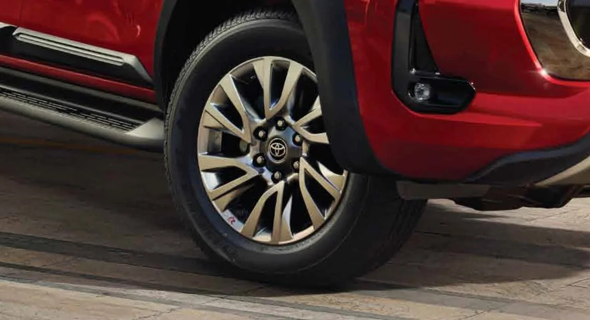 alt text: A close-up of the Toyota Hilux's Super Chrome Alloy Wheel, emphasizing its stylish design and durability.