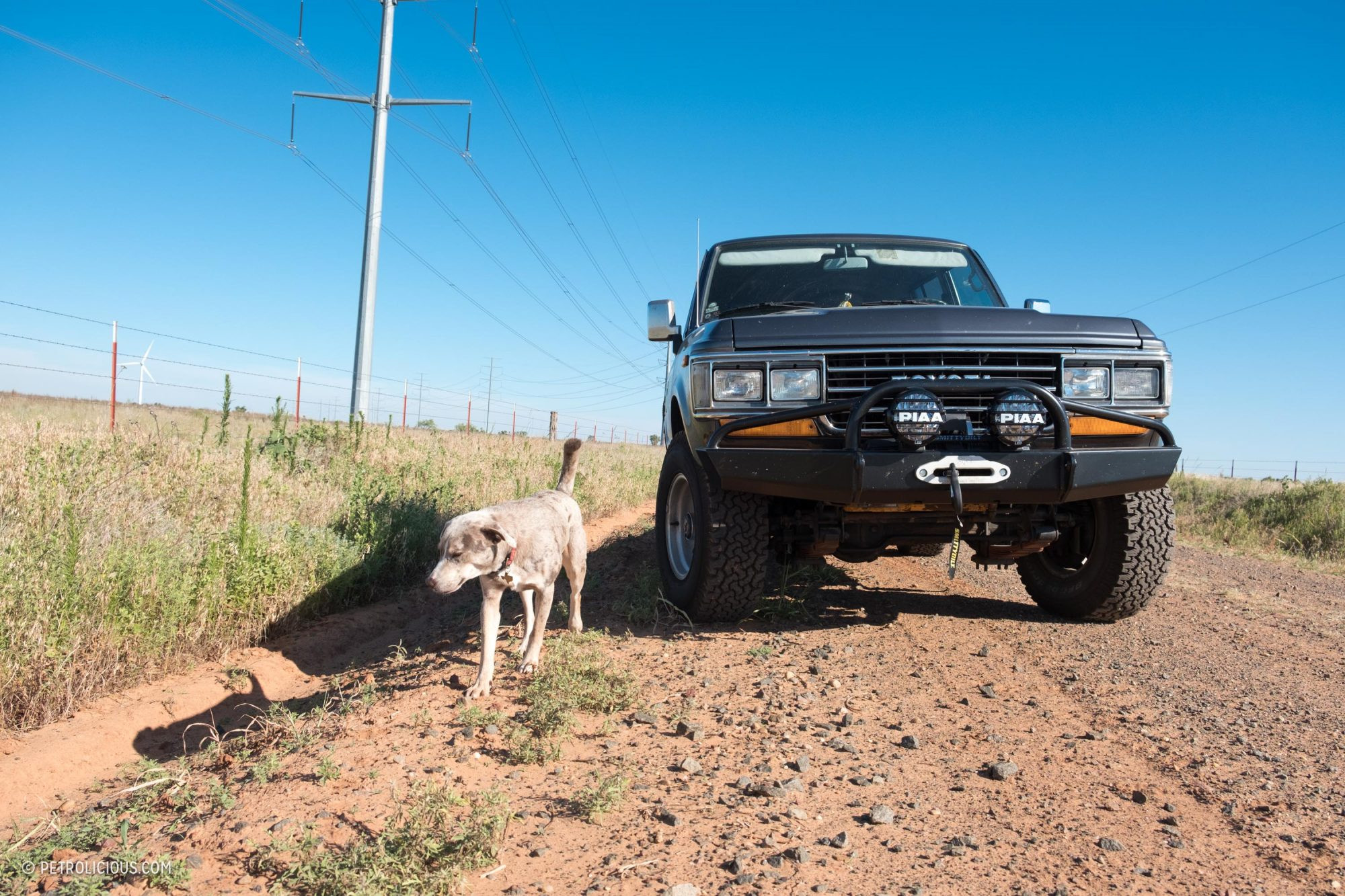 Classic Toyota Land Cruiser on a gravel road in Texas