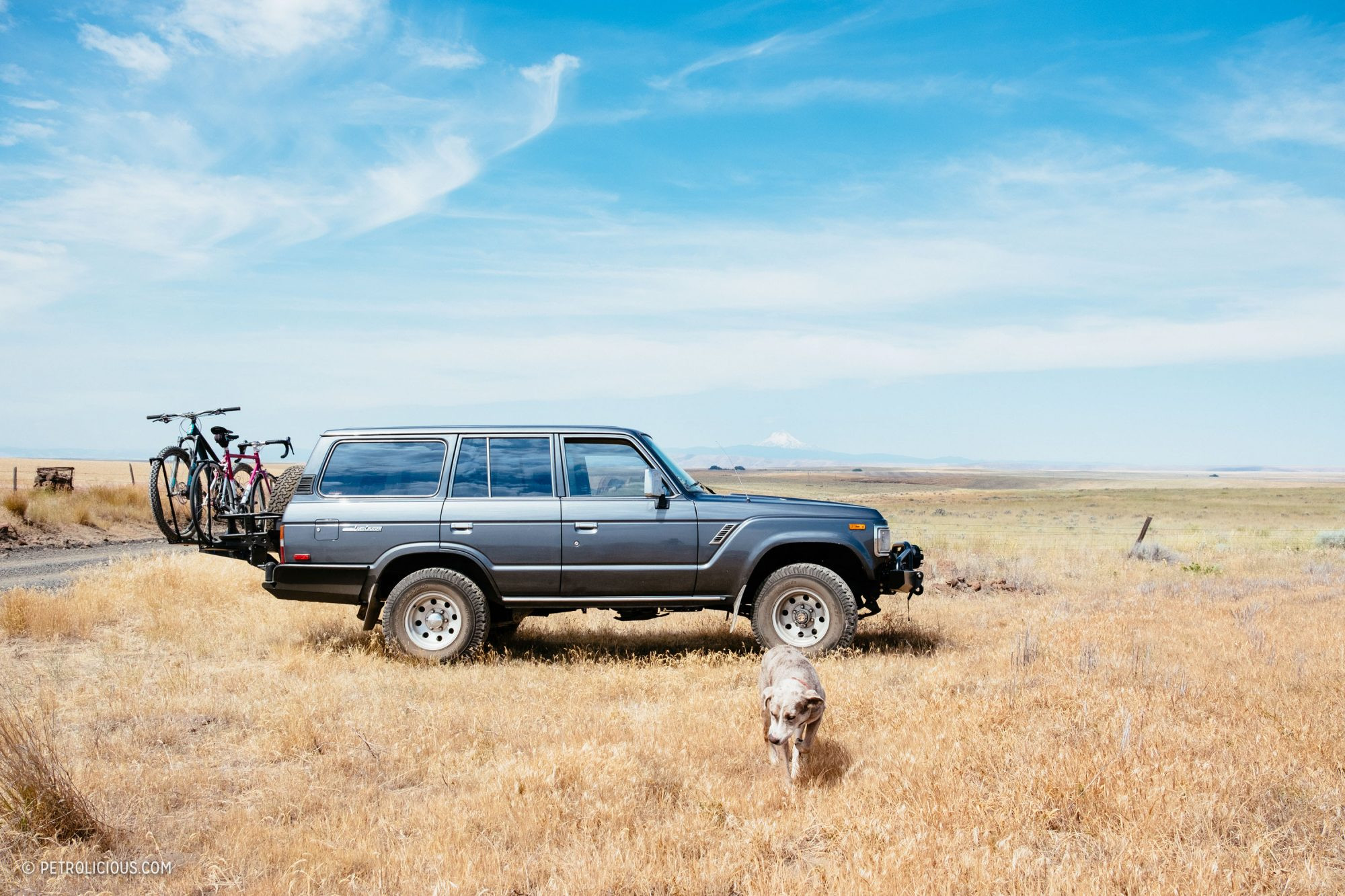 Front three-quarter view of a Toyota Land Cruiser parked in a scenic desert landscape