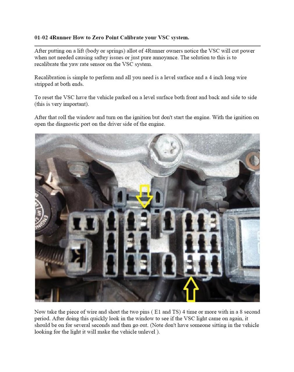 Page 1 of VSC calibration instructions for 2001-2002 Toyota 4Runner models, detailing steps involving the diagnostic port under the hood.