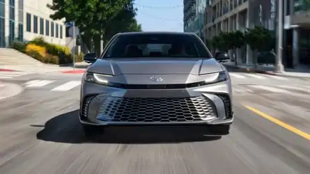 Front view of the 2025 Toyota Camry on display